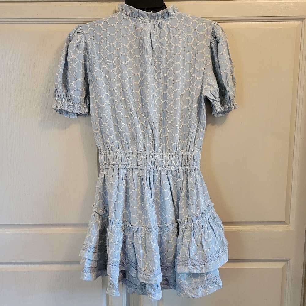 Mabel Blue White Eyelet Puff Sleeve Ruffle Tiered Skirt Mini Dress - Picture 4 of 7